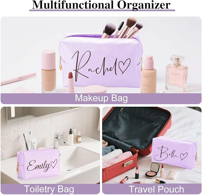 Personalized Makeup Bag with Name & Birth Flower, Custom Leather Cosmetic Bags - Image 4