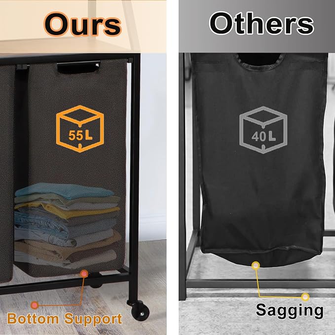 Laundry Hamper, Laundry Sorter 2 Section, Rolling Laundry Basket - Image 3