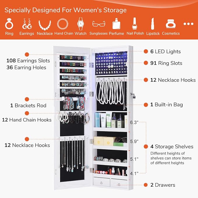 GISSAR Full Length Mirror Jewelry Cabinet, 6 LEDs Jewelry Armoire Wall Mounted - Image 4