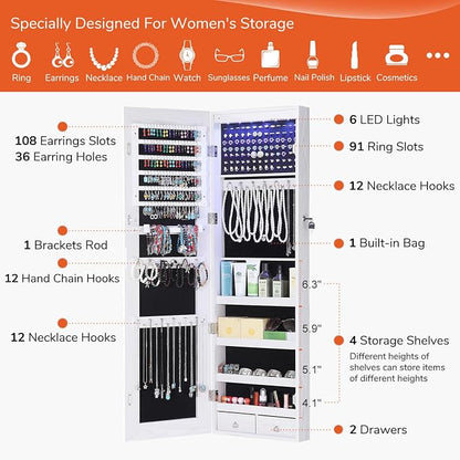 GISSAR Full Length Mirror Jewelry Cabinet, 6 LEDs Jewelry Armoire Wall Mounted - Image 4