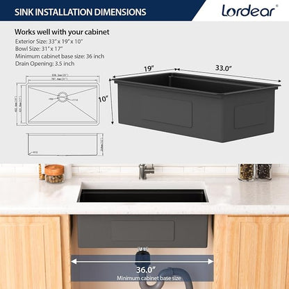 Lordear Matte Black Kitchen Sink 33 Undermount Kitchen Sink 33X19 Inch Ledge - Image 5