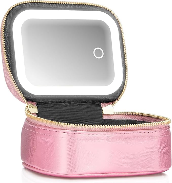 Small Makeup Bag with Led Mirror, Mini Travel Make up Bag 3 Light Modes by Extrei+Gent
