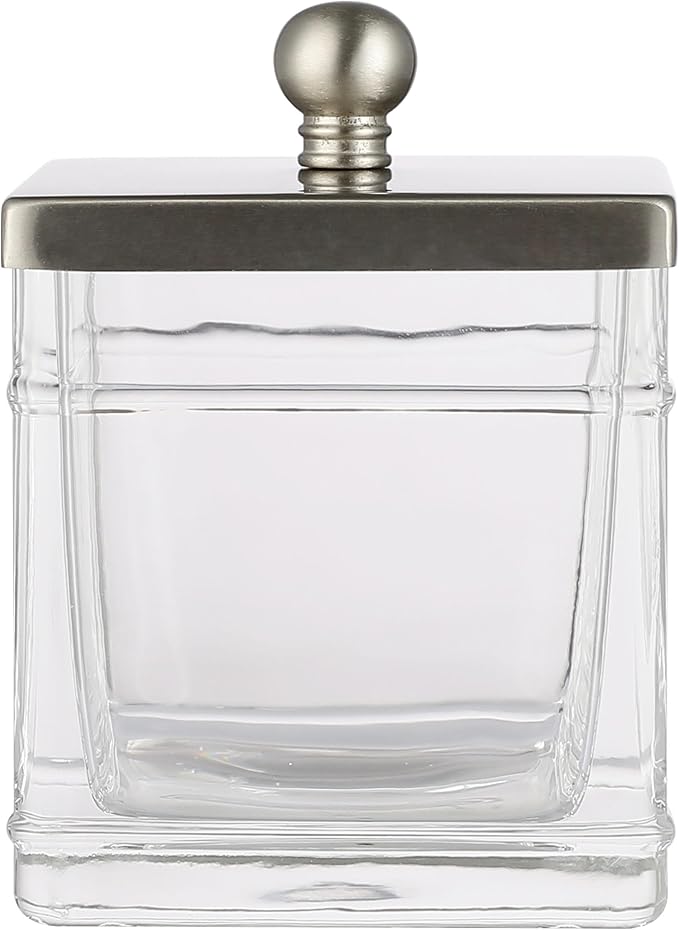 Apothecary Glass Cotton Jar Holder Brushed Nickel Stainless Steel Lid, Elegant by IndecorHome