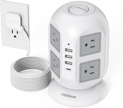 TESSAN Tower Surge Protector Power Strip 10 ft, Long Flat Extension Cord by TESSAN