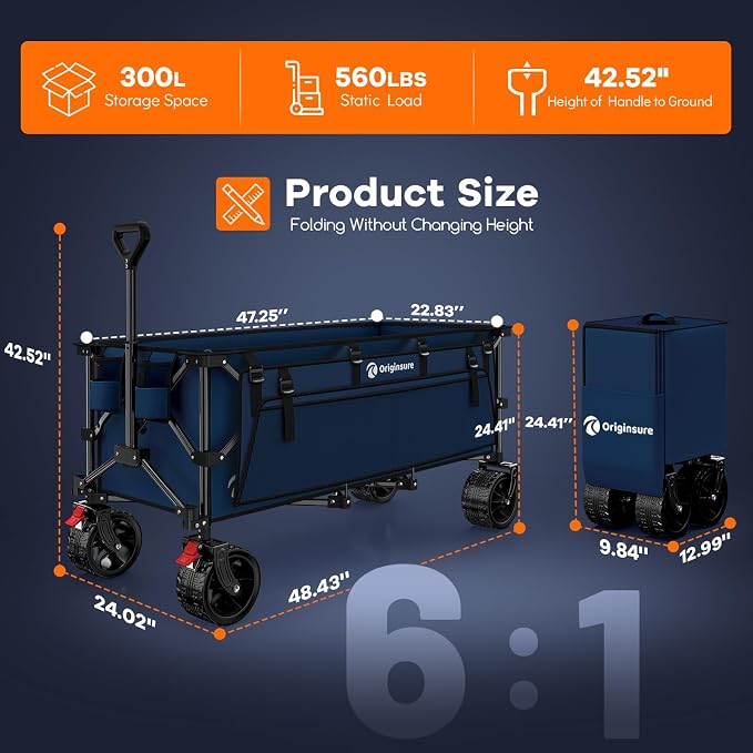 48" L Folding Beach Wagon Cart Foldable, 560lbs Weight Capacity 300L Heavy Duty - Image 2
