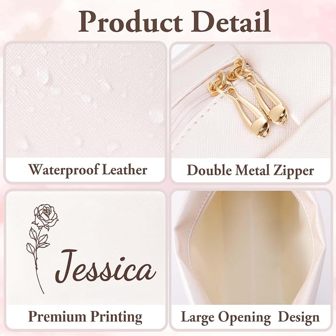 Personalized Makeup Bag with Name & Birth Flower, Custom Leather Cosmetic Bags - Image 5