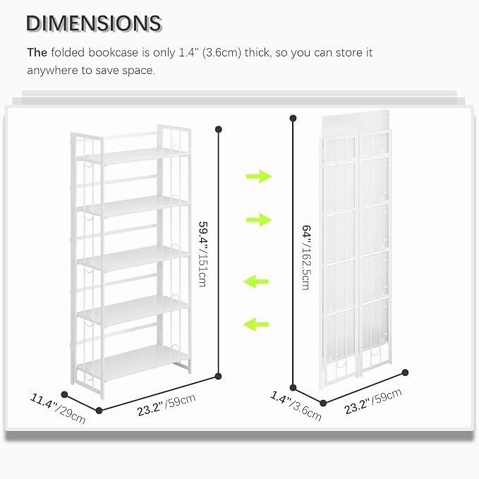 4NM No Assembly 5 Tiers Folding Bookshelf, 59.4" H Foldable Storage Shelves - Image 3