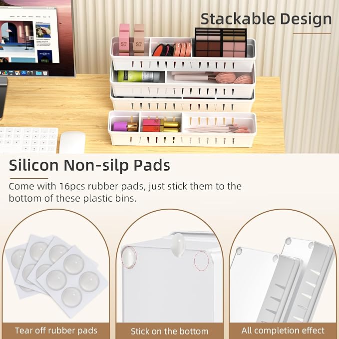 Desk Drawer Organizer Tray 4 PCS Plastic Office Drawer Organizer Bins Junk - Image 5