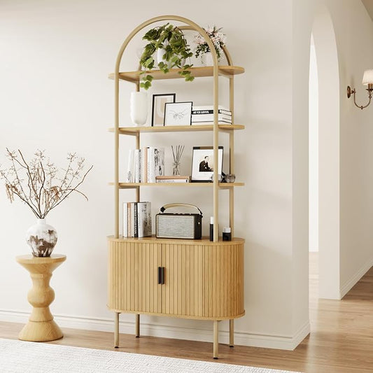 BREEZEHEAT Fluted Arched Bookshelf, 4-Tier Open Display Storage Shelf, and by BREEZEHEAT
