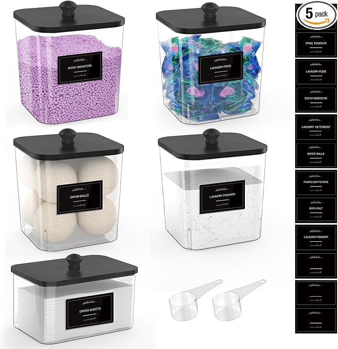 4+1 Pack Clear Laundry Pods Container & Dryer Sheet Holder, Plastic Square by COAZEX