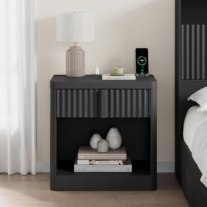 Fluted Nightstand with Charging Station, 23.6" End Table with Solid Wood Handle - Image 3