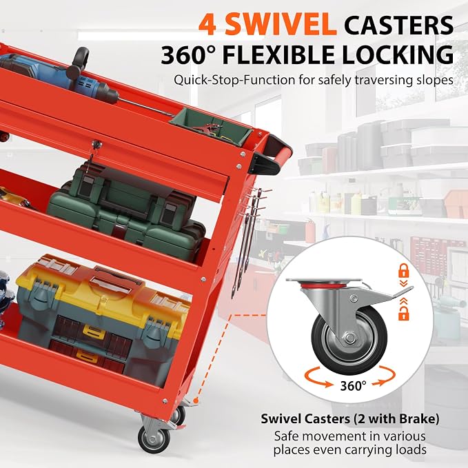 3 Tier Rolling Tool Cart with Drawers, Heavy Duty Utility Cart on Wheels - Image 3