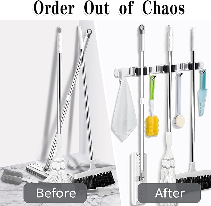 2 Pack 3 Racks and 4 Hooks Broom and Mop Holder Wall Mounted Garage Organizer - Image 6