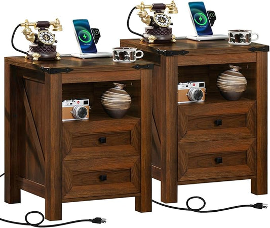 Nightstands Set of 2 with Charging Station, Farmhouse Side End Table with 2 by Joaxswe