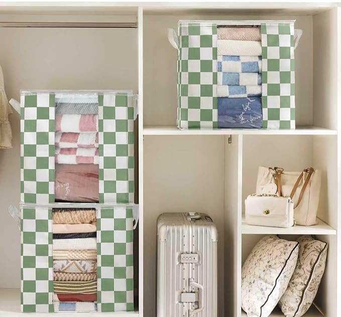 Green Checkered Clothes Storage Bins, 100L Large Blanket Storage Bags 3 Pack - Image 3
