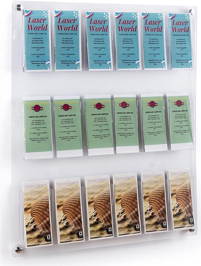 Displays2go 3-Tiered Clear Acrylic Magazine Rack, Adjustable, 9-18 Pockets by Displays2go