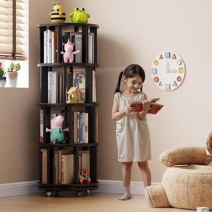 Solid Wood Rotating Bookshelf on Wheels, 4 Tier, Round Revolving Bookcase - Image 3