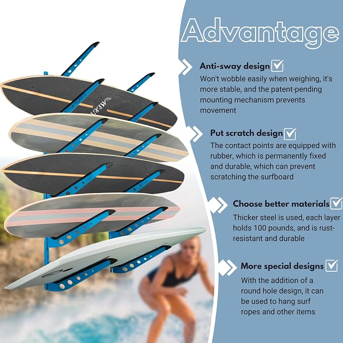 Snowboard Wall Mount, Adjustable 5/6 Board Surfboard Rack, Surfboard Wall - Image 4