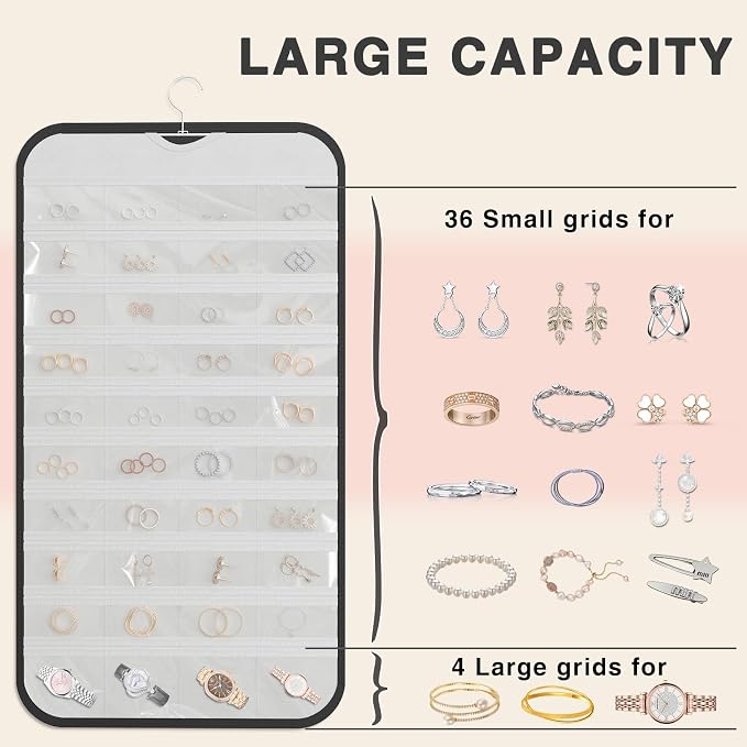 Hanging Jewelry Organizer Storage, 40 Pockets 36 Hooks Necklace Earring - Image 6