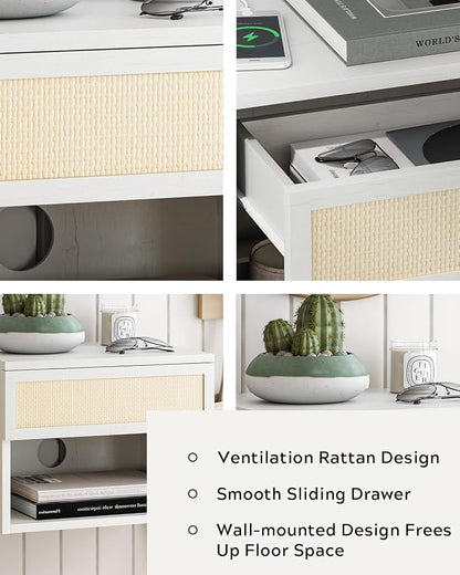 Rattan Floating Nightstands Set of 2, Wall Mounted End Table - Image 3