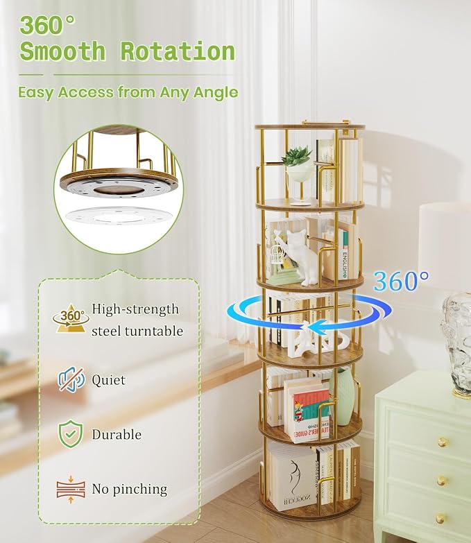 5 Tier Round Rotating Bookshelf Tower Gold, 62” Tall Space Saving Spinning - Image 3