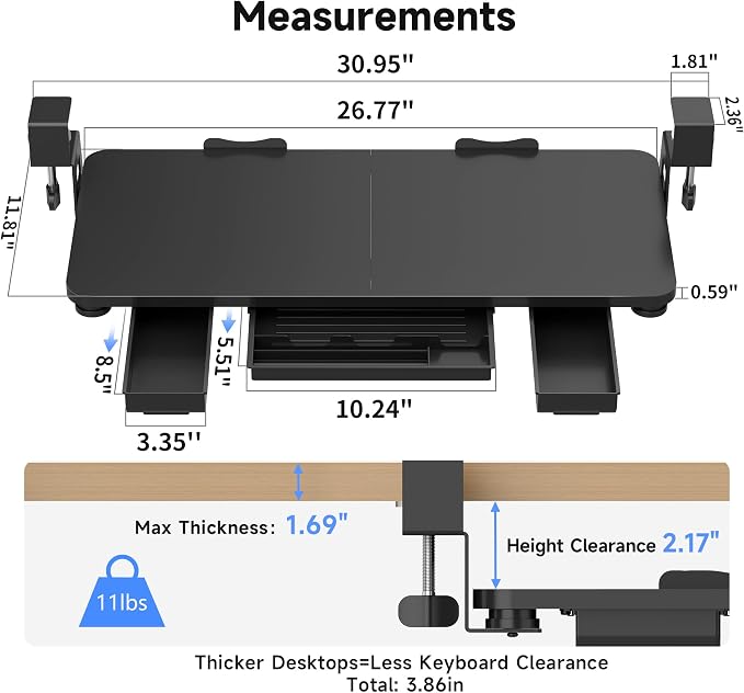 Keyboard Tray Under Desk with Storage Drawer Large C-Clamp 26.7” x 11.8” - Image 2