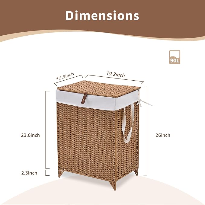 Laundry Hamper with Lid and Removable Liner Bag, Handwoven Rattan Clothes - Image 7