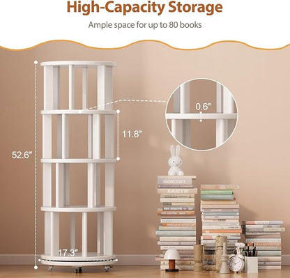 Solid Wood Rotating Bookshelf on Wheels, 4 Tier, Round Revolving Bookcase - Image 2