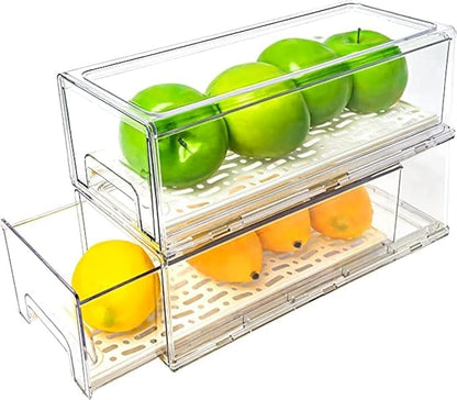 2 Pack Stackable Refrigerator Drawers Pull Out Bins Clear Fridge Drawer by MANO