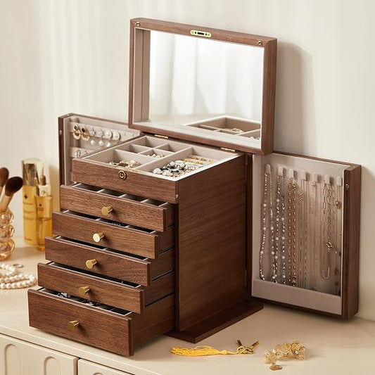 CHOSIN Black Walnut Wooden Jewelry Box, 6-Layer Lockable Wood Jewelry Organizer by CHOSIN