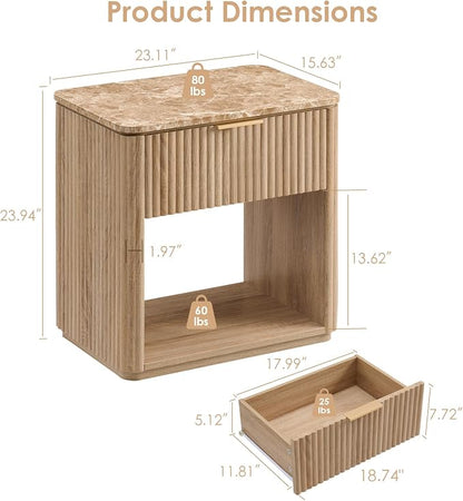 Fluted Nightstand with Drawer, Bedside Table with Faux Marble-Top, Engineered - Image 2
