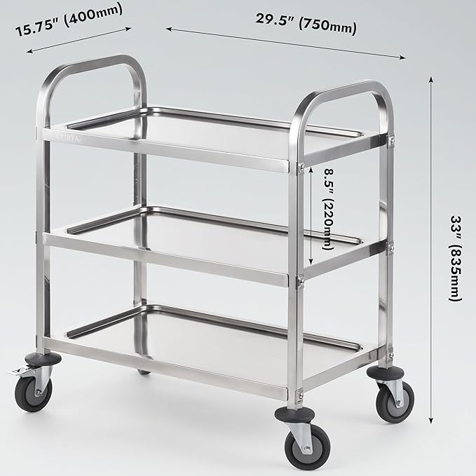 CURTA Stainless Steel Serving Trolley, Rolling Casters Brake Wheel, Commercial - Image 5