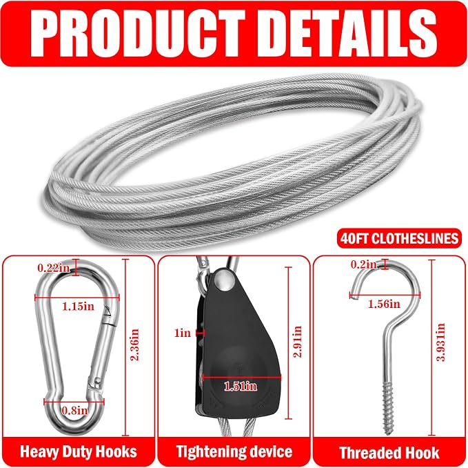 40ft Clothes Line Outdoors 3/16" Wire Ropes Silver PVC Coating Laundry Drying - Image 3
