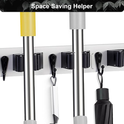 Broom Holder Wall Mount With 5 Slots & 4 Hooks，Rustic Wood Broom & Mop - Image 6