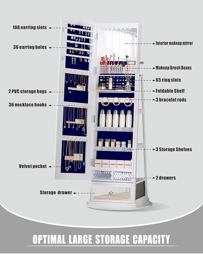 Full-Length Mirror Jewelry Cabinet Standing, 360° Swivel Jewelry Armoire - Image 6