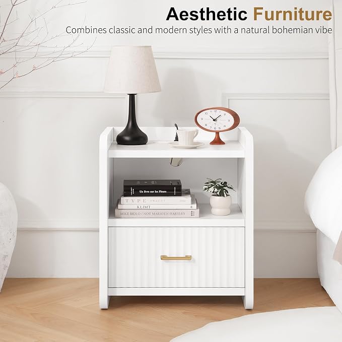 Night Stand with Charger Station, Fluted Nightstands Set of 2 with Drawer - Image 8