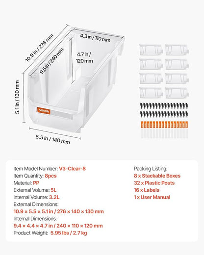 VEVOR Plastic Stackable Storage Bins, 10.9 x 5.5 x 5.1 inch, Plastic Containers - Image 7