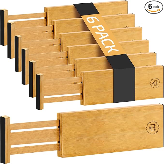 6 Pack Drawer Dividers 6 Inch High, 11”-17" Adjustable Bamboo Organizers Large by Bamb%C3%BCsi