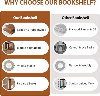 Solid Wood Rotating Bookshelf on Wheels, 4 Tier, Round Revolving Bookcase - Image 6