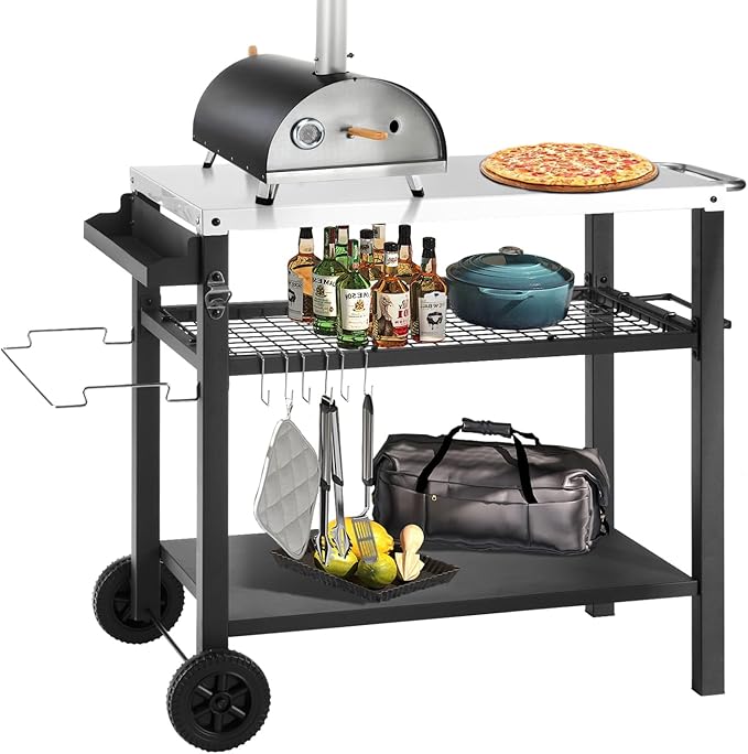 Grill Cart Table with Three Shelf, Movable Outdoor Dining Cart Pizza Oven Stand by Kendane