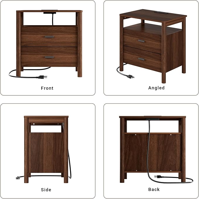 Night Stand with Charging Station, 2 Drawers Nightstand with Open Shelf - Image 7