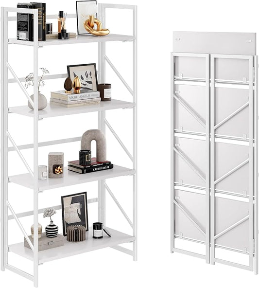 JSB No Assembly Folding Bookshelf, 4 Tier Industrial Metal Book Shelf by HomeFurniture