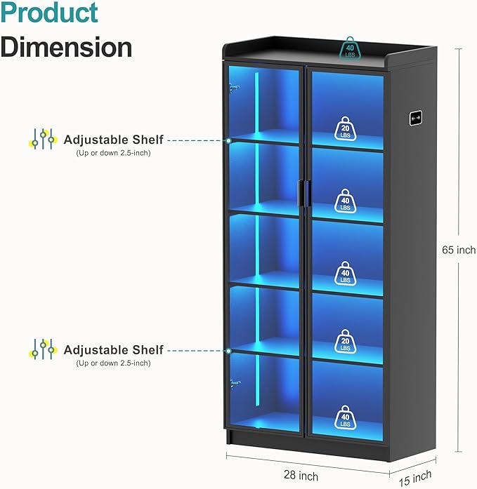 Lvifur 5 Tier Display Cabinet for Living Room, LED Bookcase - Image 2