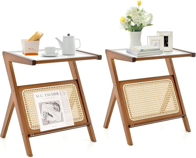 GOFLAME Rattan Side Table Set of 2, Z-Shaped End Table by GOFLAME
