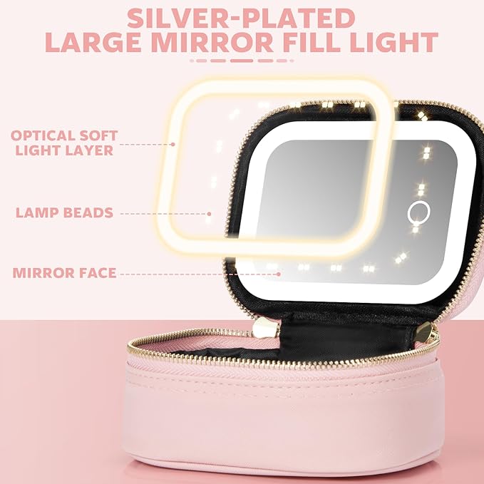 Small Makeup Bag with Led Mirror, Mini Travel Make up Bag 3 Light Modes - Image 4