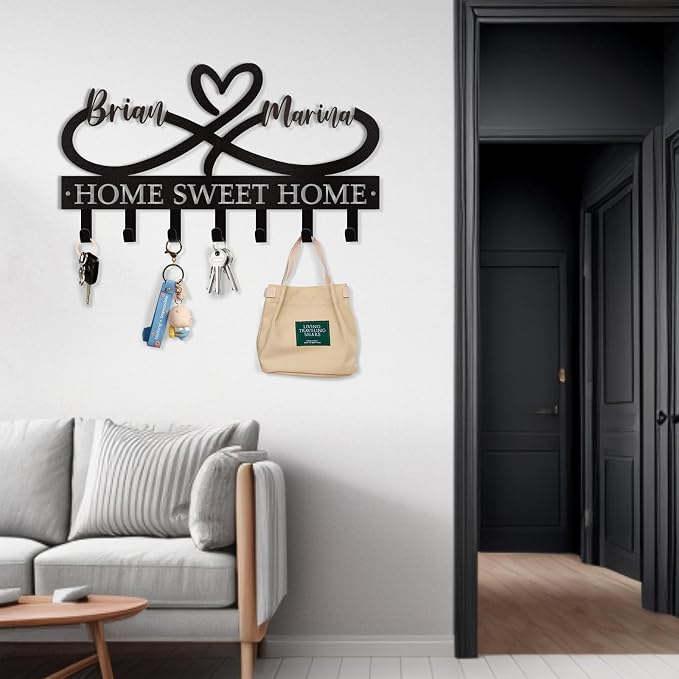 Personalized Couple's Name Key Rack, Wall Mounted Metal Key Holder - Image 2