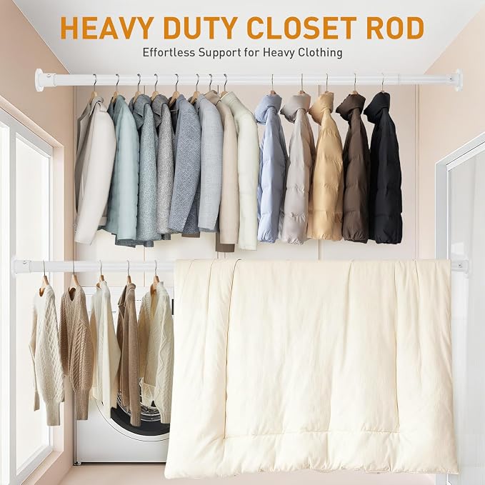 White Adjustable Closet Rod 18-48 Inches, Heavy Duty Metal Clothes Hanging Rod - Image 3