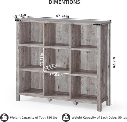 9 Cube Bookcase, Farmhouse 47 Inch Wide Grey Oak Bookshelf, Wooden 3 Tier - Image 3