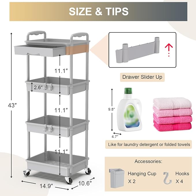 Goovilla 4 Tier Rolling Utility Cart Organizer - Image 4