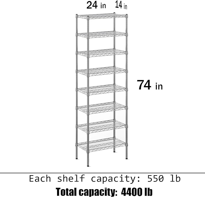 14" Deep x 24" Wide x 74" Height Wire Shelving Kit | 8-Tier | NSF Commercial - Image 3